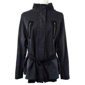 Cabi 3184 Love Carol Modern Mesh Gray Ponte Self Tie Zip Jacket Layered Look